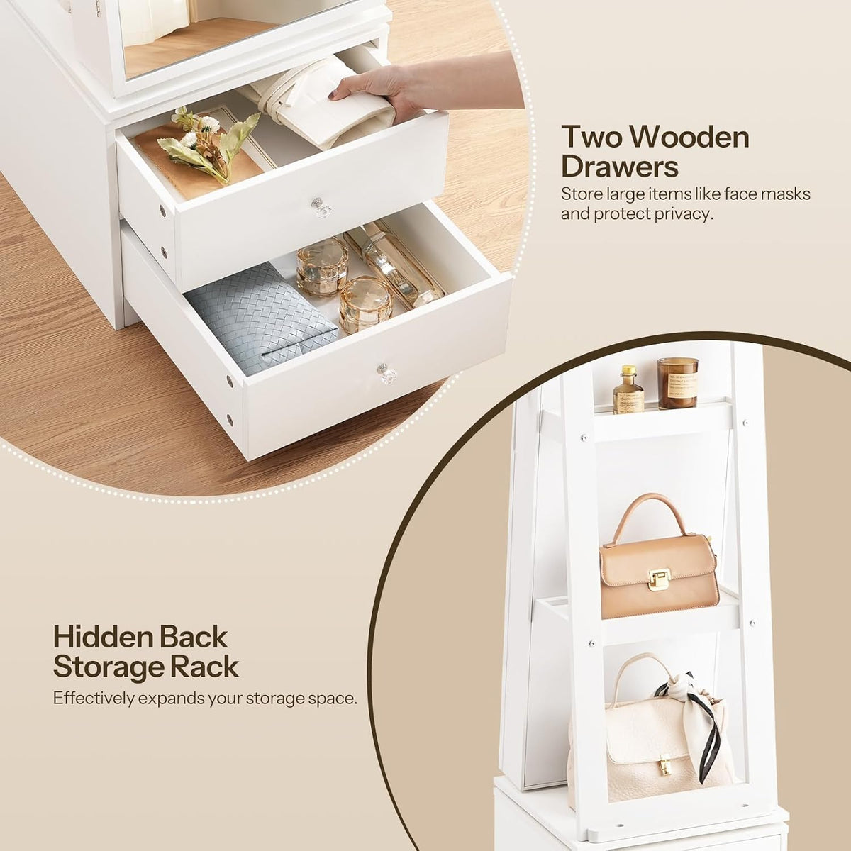 hoobro 360° swivel jewelry cabinet with led lights, front angle view