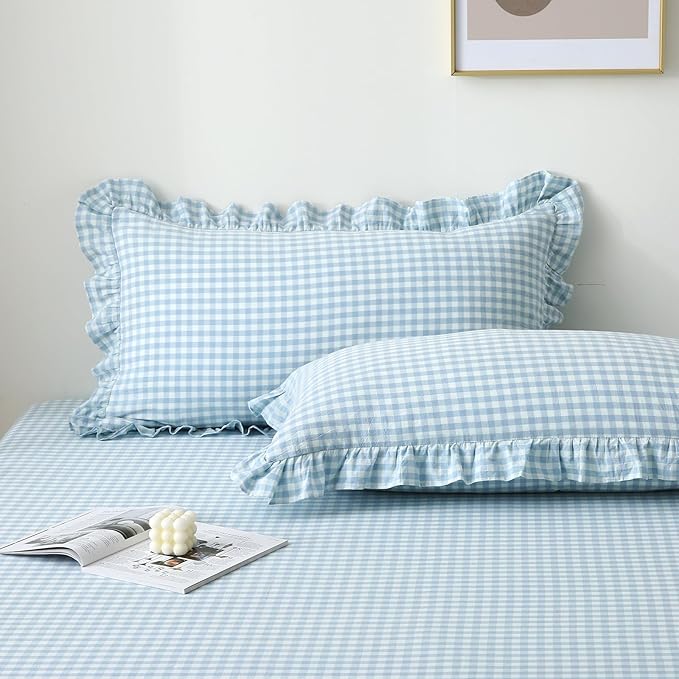 2 Pack Light Blue White Plaid Ruffle Gingham Pillow Shams Standard Size by KMASANIJI