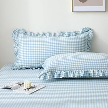 2 Pack Light Blue White Plaid Ruffle Gingham Pillow Shams Standard Size by KMASANIJI