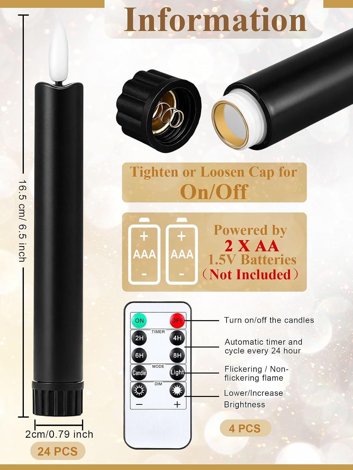 Funtery 24 Pcs Halloween Black Flameless Taper Candles with Remote Timer