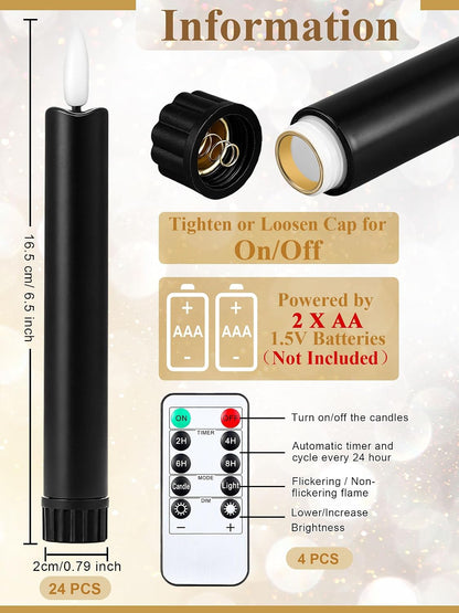 Funtery 24 Pcs Halloween Black Flameless Taper Candles with Remote Timer