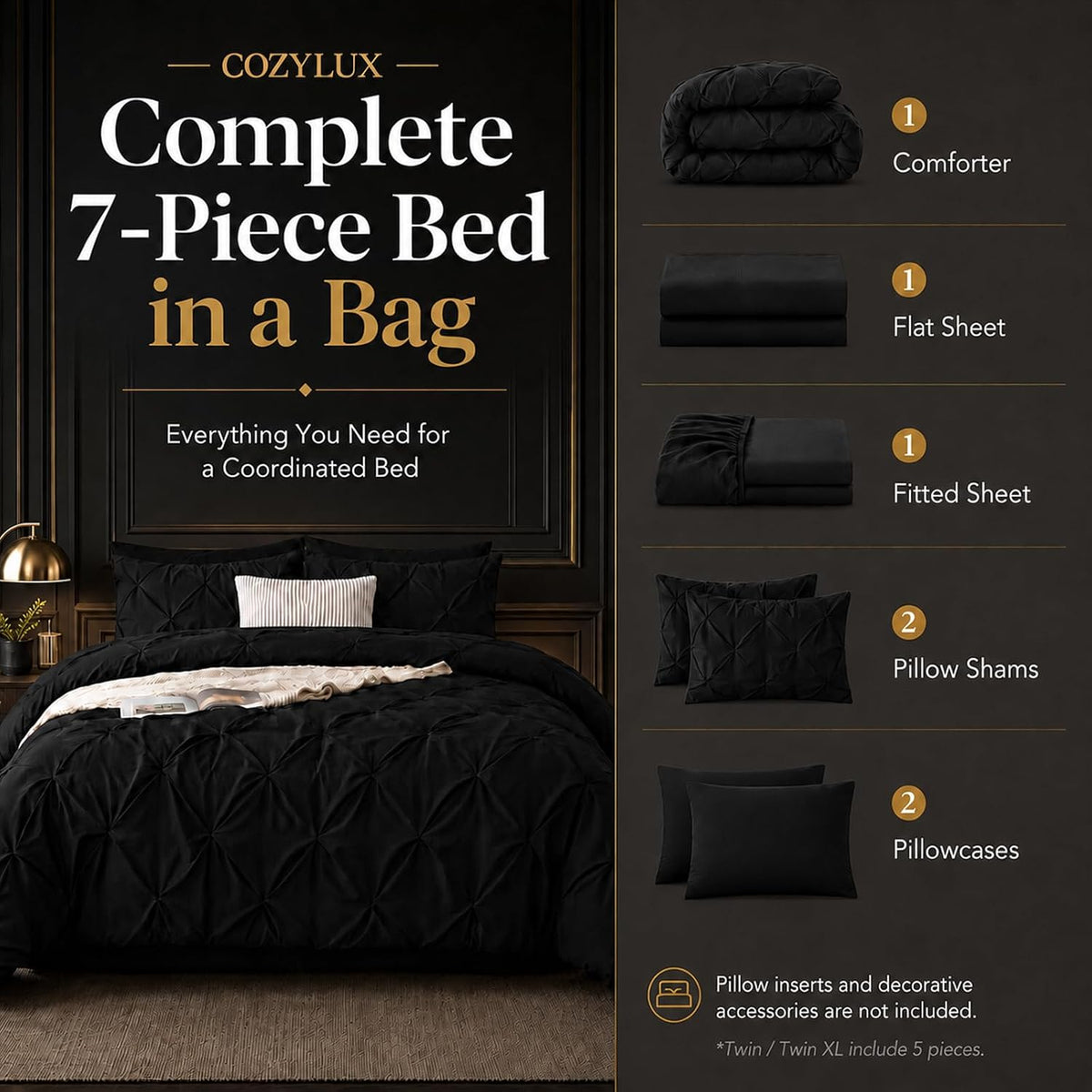 cozylux queen comforter set black, 7 pieces pintuck, close-up detail