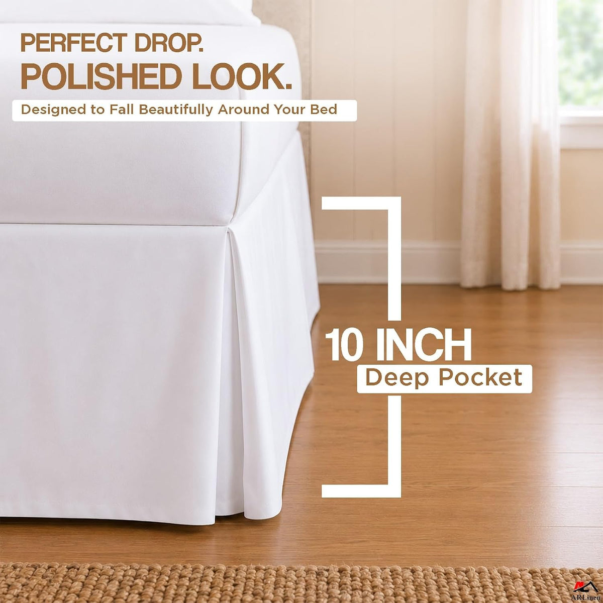 arlinen pleated full bed skirt with split corners, side view