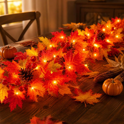 Fall Decorations Lighted Fall Garland with Pinecones and Berries, 9FT 50 Incandescent Bulb UL Certified Connectable Lush and Thicker Fall Garland with Lights for Halloween Thanksgiving Decor(2Packs)