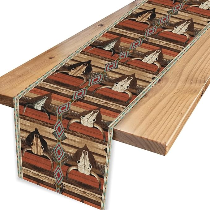 Western Table Runner, Rustic Country Cow Aztec Retro Farmhouse Bones American - Image 4