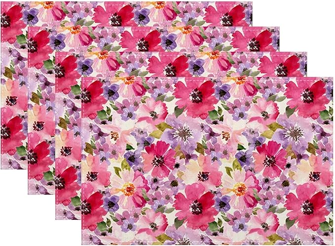 Watercolor Floral Placemats Set of 4, Seasonal Spring Multicolor Flower by Sunshineyan