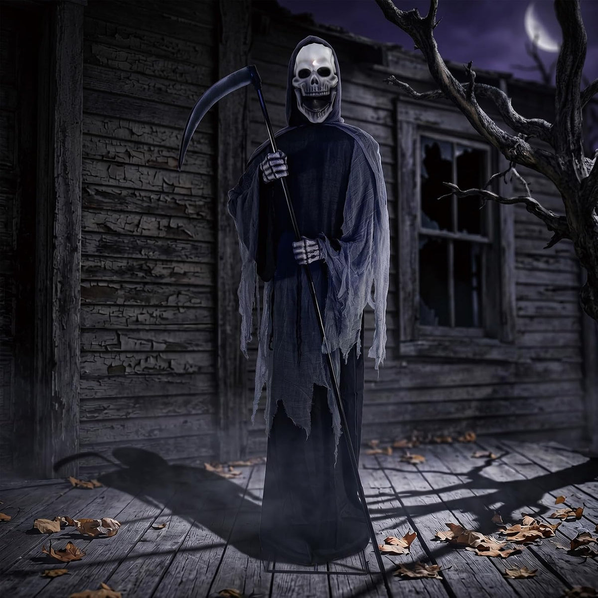 9FT Animated Grim Reaper Halloween Decoration - Sound Activated Halloween Animatronic Outdoor with Movement, Creepy Sounds and Light-Up Head, Giant Scary Reaper Prop, for Yard Porch Haunted House