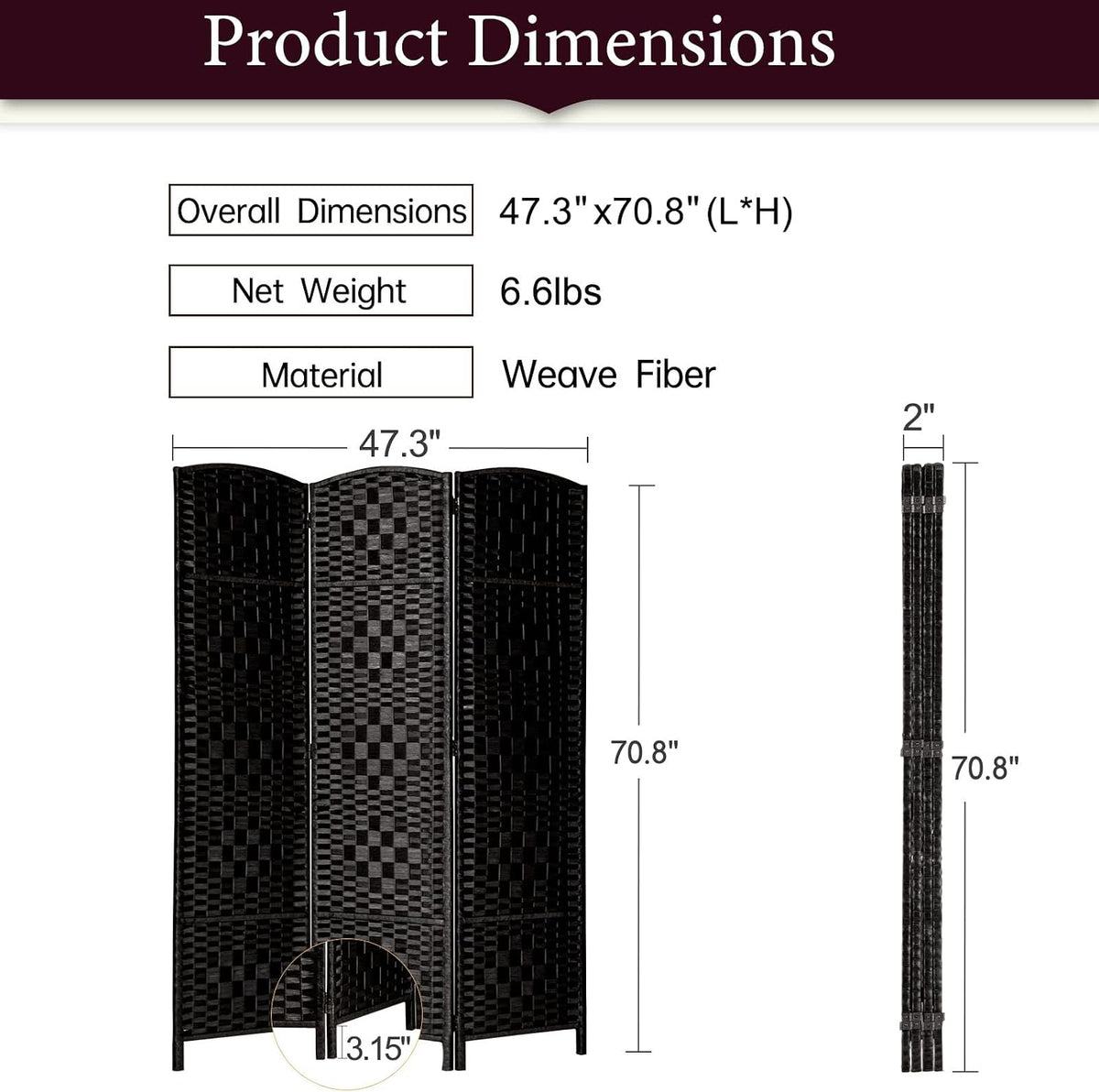 rhf room divider panel,partition room dividers,3panel privacy screen,black, close-up detail