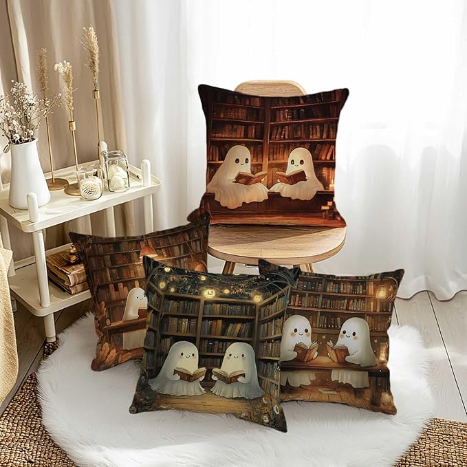 Ghosts Reading Throw Pillow Covers | 18x18 Set of 4 Decorative Cushion Covers | - Image 3