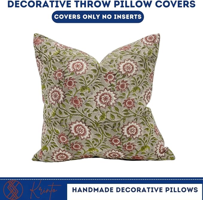 Designer Flowers Printed on Natural Linen Pillow Cover | Grey Green and Dusty - Image 2