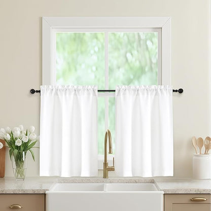 White Kitchen Curtains 30 Inch Length 2 Panels, Light Filtering Farmhouse Linen by WelvetBLK