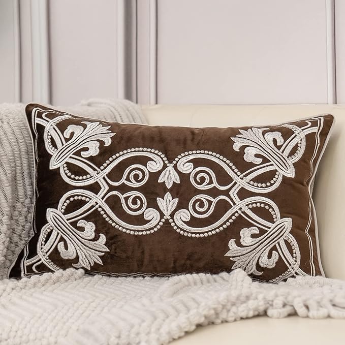 Aeckself European Floral Pillow Cover 12x20 Inch, Luxury Velvet Embroidered by AECKSELF