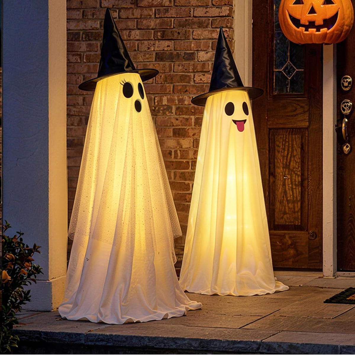 Halloween Decorations Outdoor & Indoor Decor - 2 Pack 59-inch Remote Control Spooky Ghost String Lights with Witch Hats, Halloween Lights for Porch, Yards, Patio, Garden Lawn, Party