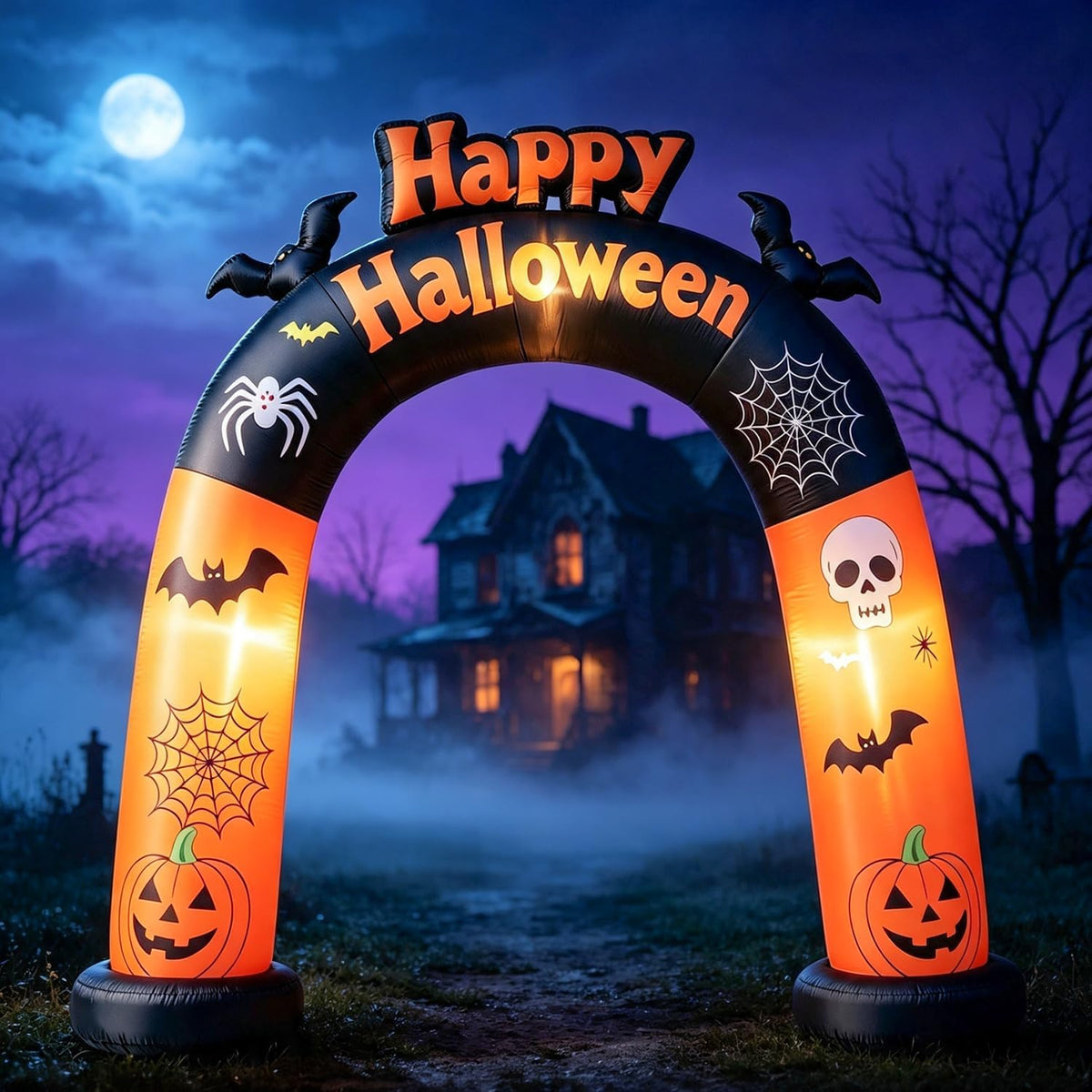DomKom 8FT Long Halloween Inflatable Archway, Happy Halloween Blow Up Arch with Built-in LED Lights, Pumpkin, Skull, Bat Decor, Outdoor Inflatable Yard Lawn Garden Halloween Party Decorations