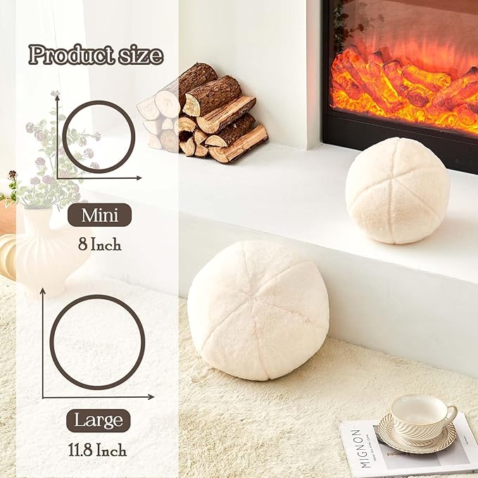 Uvvyui Ivory Ball Pillow, 11.8" Cute Round Throw Pillow Faux Rabbit Fur Room - Image 2