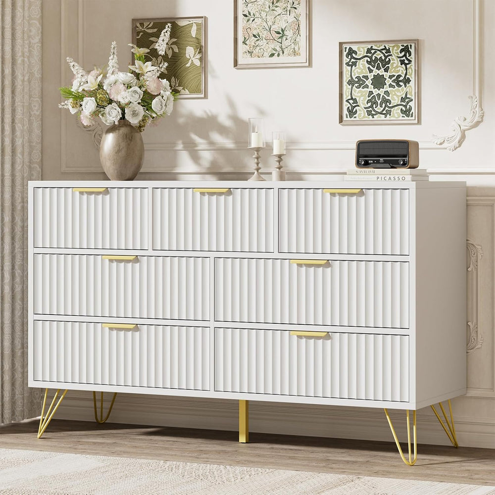 LYNSOM Fluted Dresser for Bedroom, White 7 Drawer Dresser with Gold Handles a...