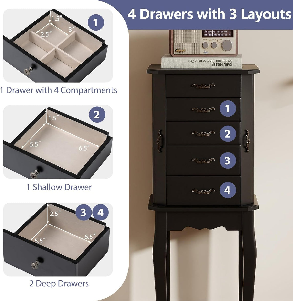 charmaid standing jewelry cabinet with 4 drawers, flip, side view