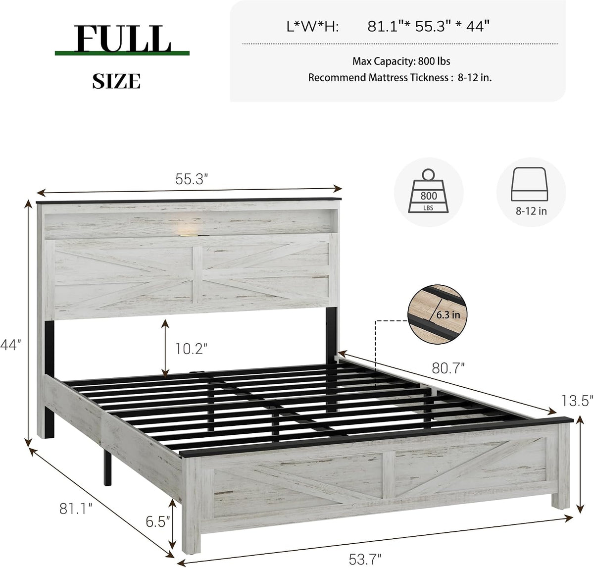 full size bed frame with headboard, rustic farmhouse shown in use