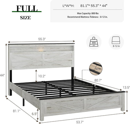 full size bed frame with headboard, rustic farmhouse shown in use