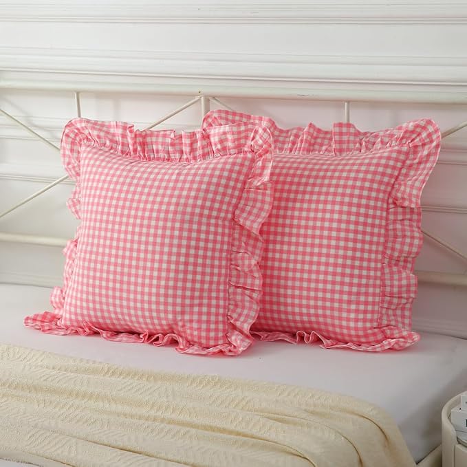 2 Pack Vintage Light Pink Plaid Ruffle Throw Pillow Covers, Washed Cotton - Image 2