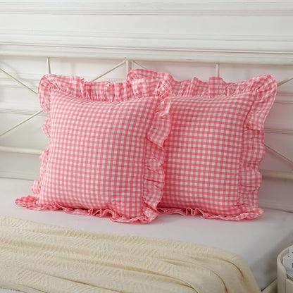 2 Pack Vintage Light Pink Plaid Ruffle Throw Pillow Covers, Washed Cotton - Image 2
