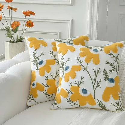 18x18 Embroidered Throw Pillow Covers Set – Yellow Daisy Cotton Decorative by EmbroideredLiving