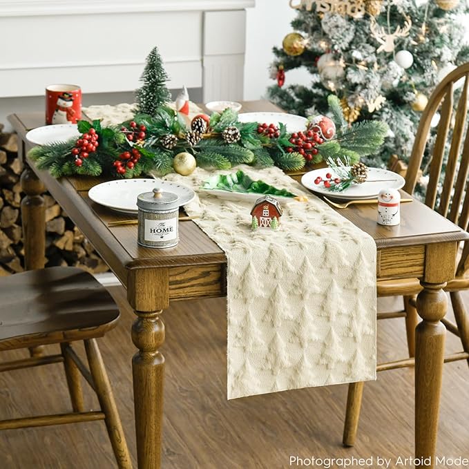 Artoid Mode Christmas Trees Beige Soft Plush Faux Fur Jacquard Christmas Table - Image 3