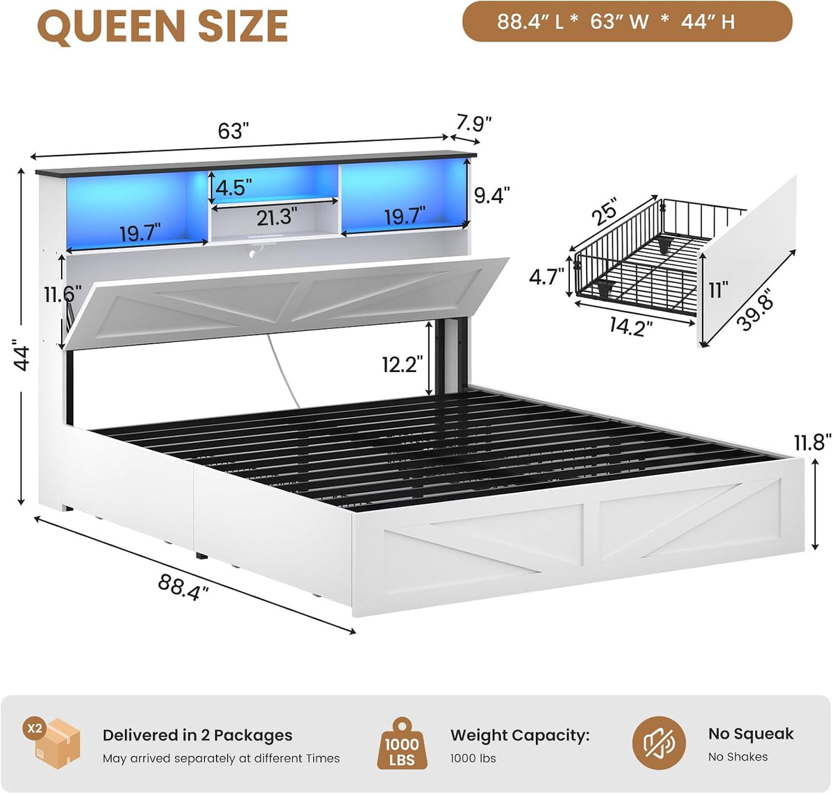 aogllati queen bed frame with storage bookcase headboard shown in use