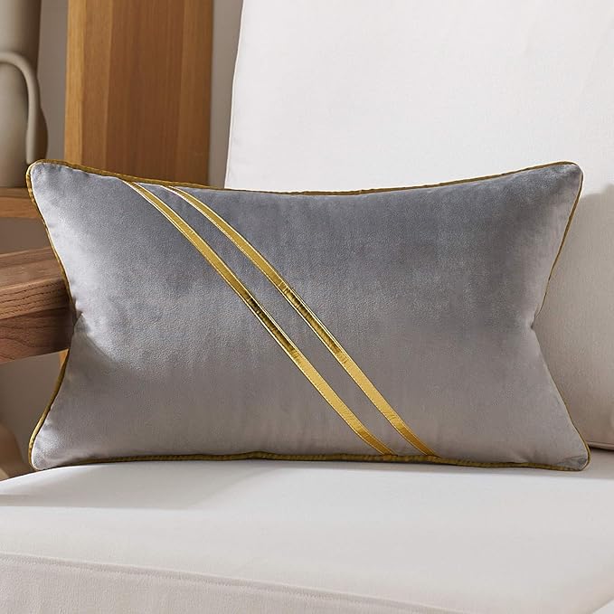 Avigers 12 x 20 Inch Gray Gold Leather Striped Lines Velvet Cushion Case Luxury by Avigers