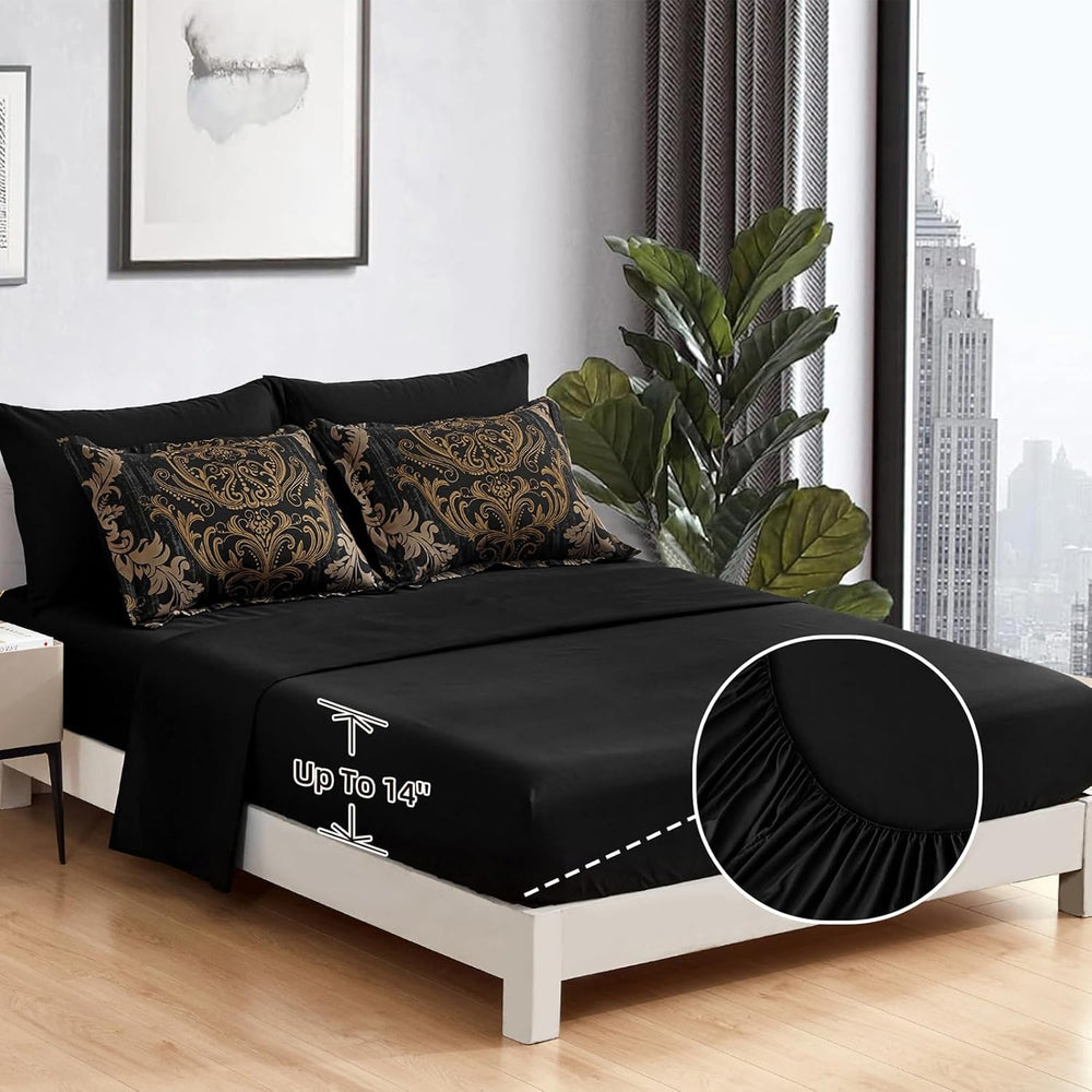 WONGS BEDDING Black Comforter Set King Size, Gold Damask Texture 7 Pieces Bed...