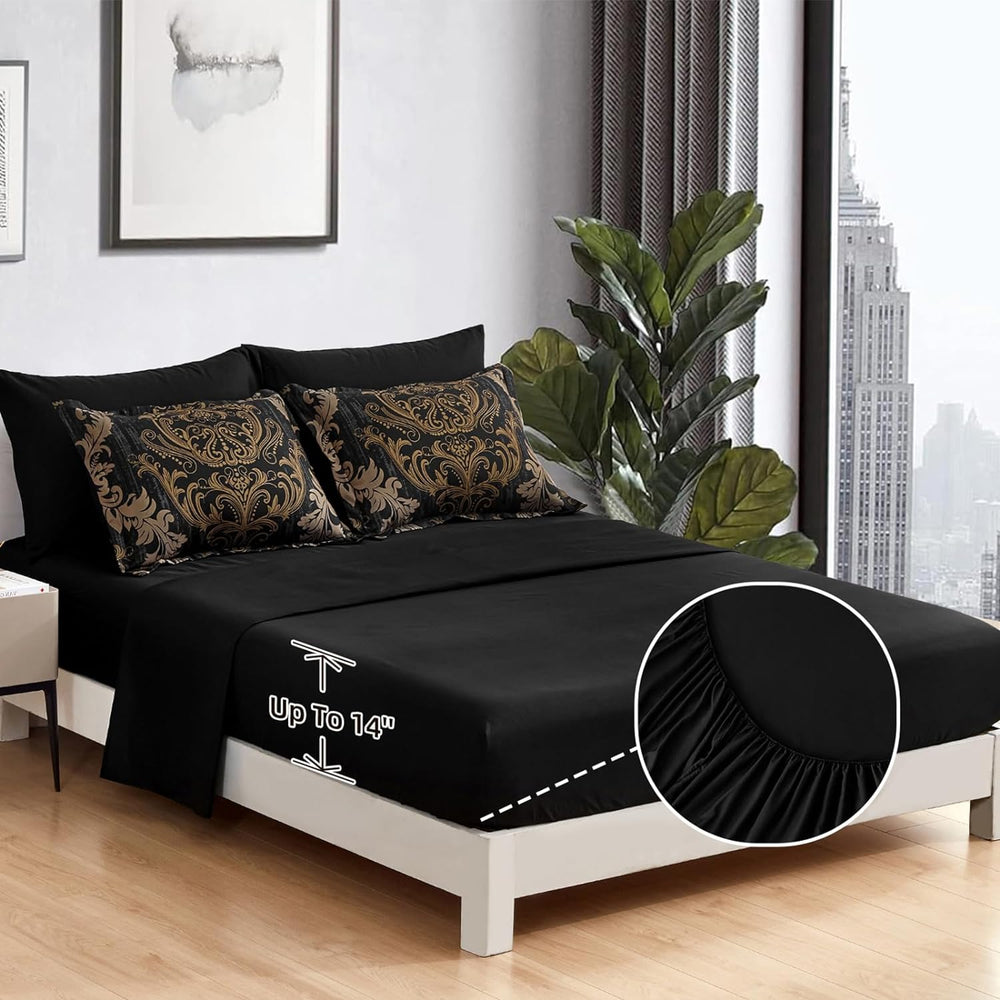 WONGS BEDDING Black Comforter Set Queen Size, Gold Damask Texture 7 Pieces Be...