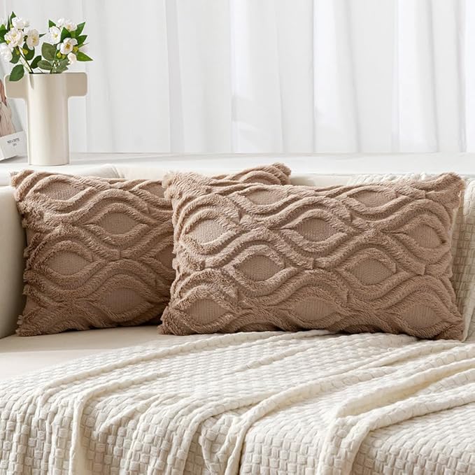 MIULEE Light Brown Throw Pillow Covers 12x20 Inch, Soft Winter Plush Faux Wool by MIULEE