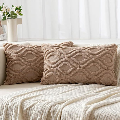 MIULEE Light Brown Throw Pillow Covers 12x20 Inch, Soft Winter Plush Faux Wool by MIULEE