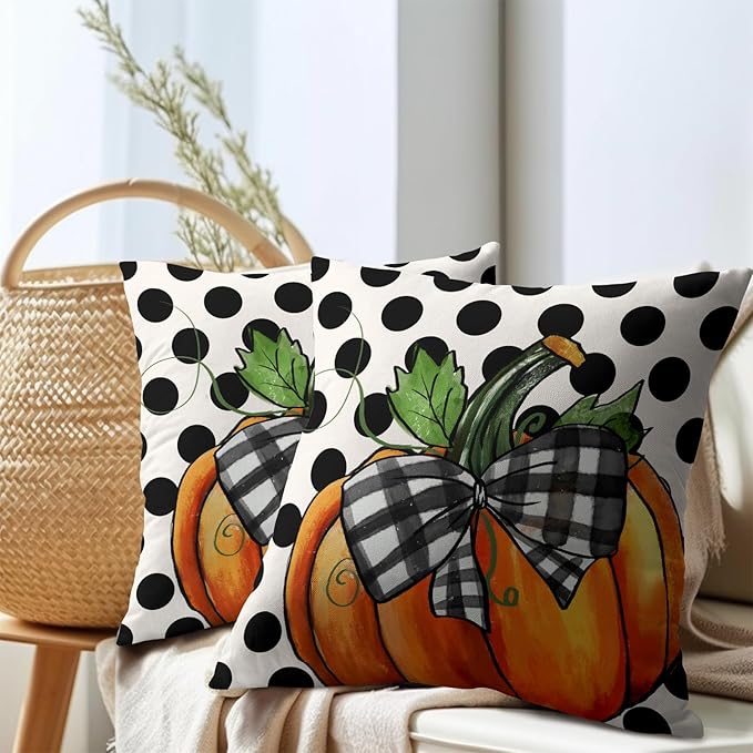 Fall Outdoor Pillows Covers 20x20 Inch Set of 2 Orange Pumpkin Black Polka Dot - Image 7