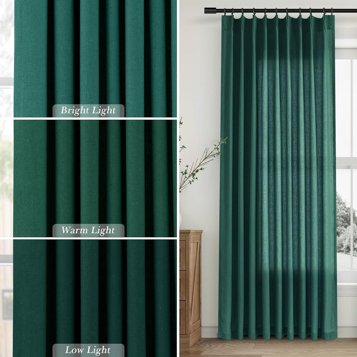 aersas dark green pinch pleated linen curtains 96, side view