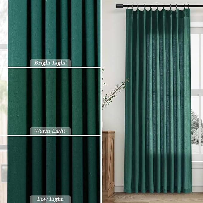 Dark Green Pinch Pleated Linen Curtains 72 Inch Length 2 Panels - Image 3