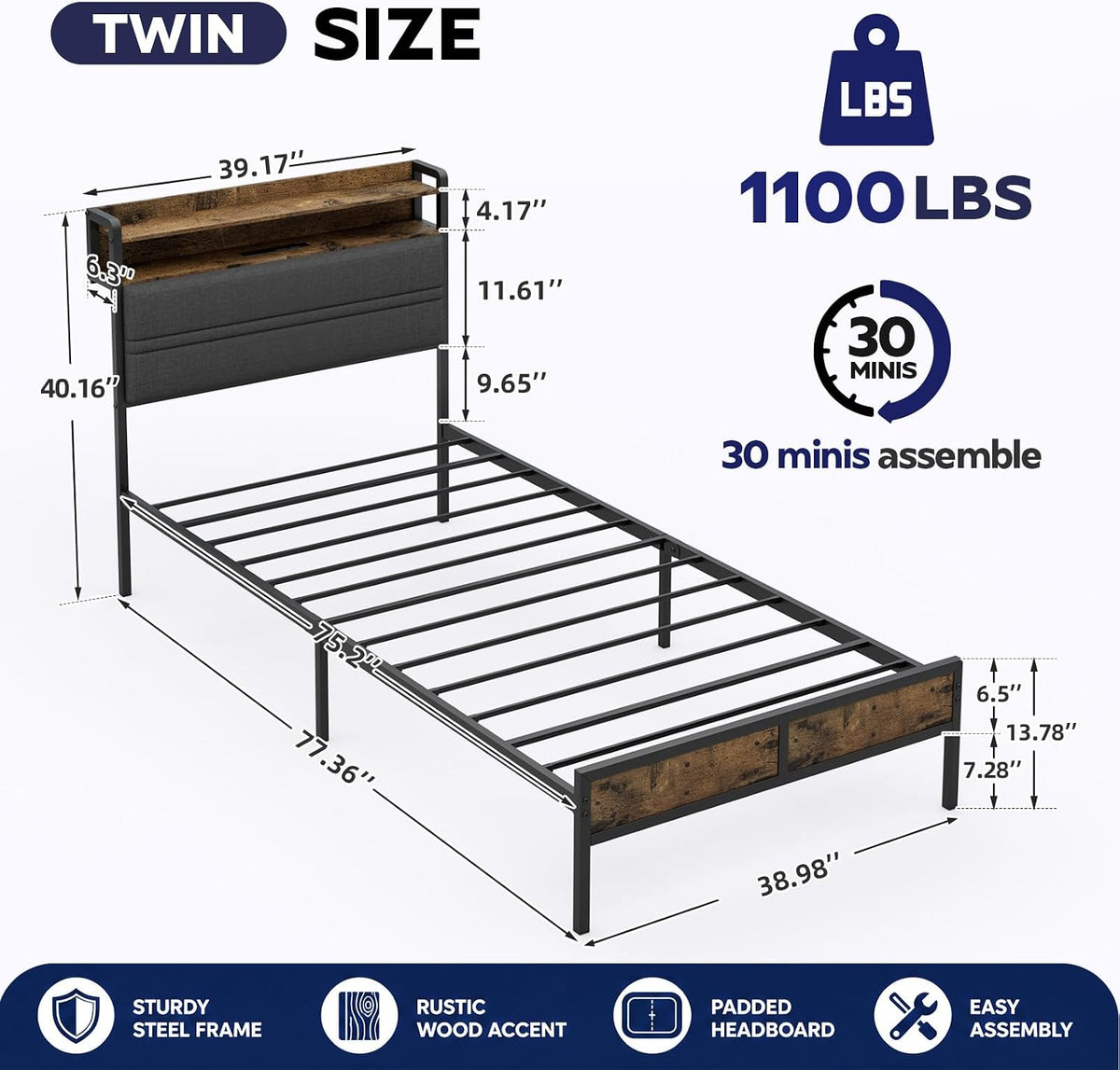 grusign twin bed frame with led light storage shown in use