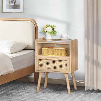 lerliuo rattan nightstand with charging station, boho night, front angle view