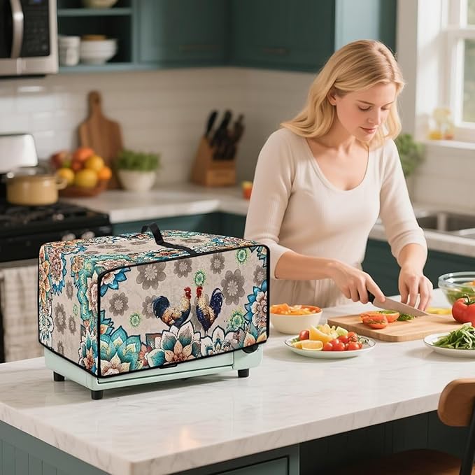 Rooster Boho Mandala Floral Print Microwave Oven Dust Cover Polyester-Linen - Image 3