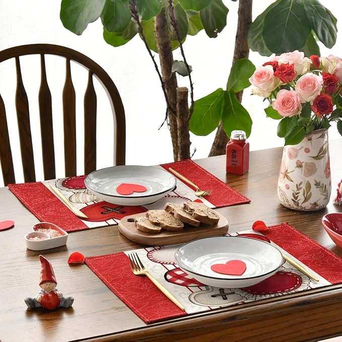 Artoid Mode Red Heart-Shaped Buttons Valentine Placemats Set of 4, 12x18 Inch - Image 3