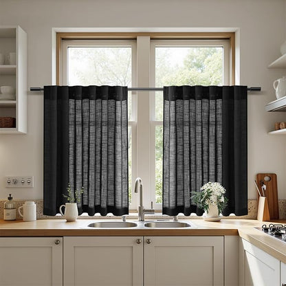 Nanspring Linen Kitchen Curtains 30 Inches Long Black Semi Sheer Short Curtains - Image 5