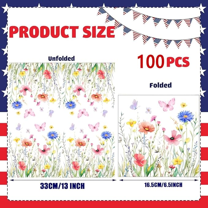100 Pack Wildflower Floral Cocktail Napkins Disposable Floral Napkins Butterfly - Image 3