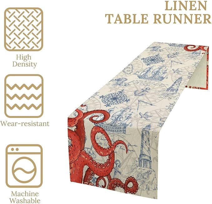 Nautical Red Octopus Table Runner Vintage Coastal Anchor Compass Ligthouse - Image 4