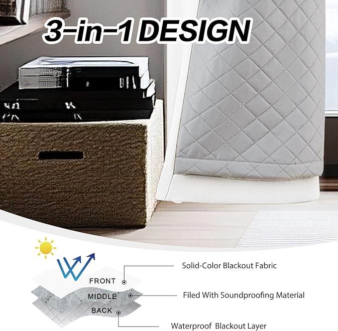Soundproof 3-in-1 100% Blackout Room Divider Energy Saving Grommet Curtains - Image 3