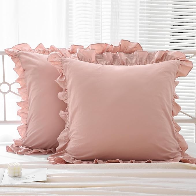 Ruffle Pillowcases Farmhouse Dusty Rose Throw Pillow Covers - Image 2