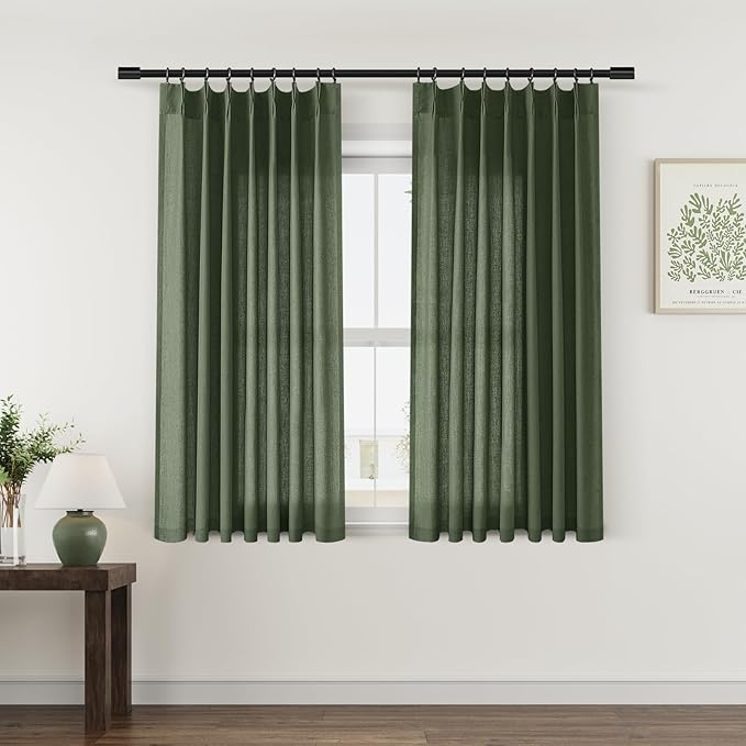 Olive Green Pinch Pleat Linen Curtains 54 Inch Long by Aersas