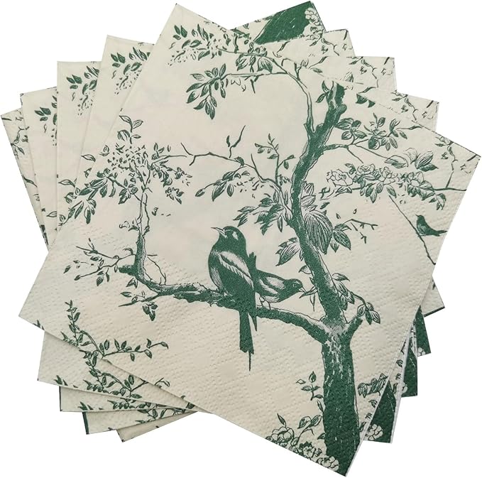 100 Pack Sage Green Paper Cocktail Napkins, Special Birds and Tree Decorative by WNYLEPL