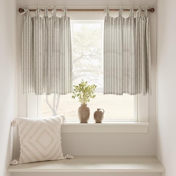 jinchan Tie Top Kitchen Curtains 36 Inch Length Striped Tier Curtains Ticking - Image 2