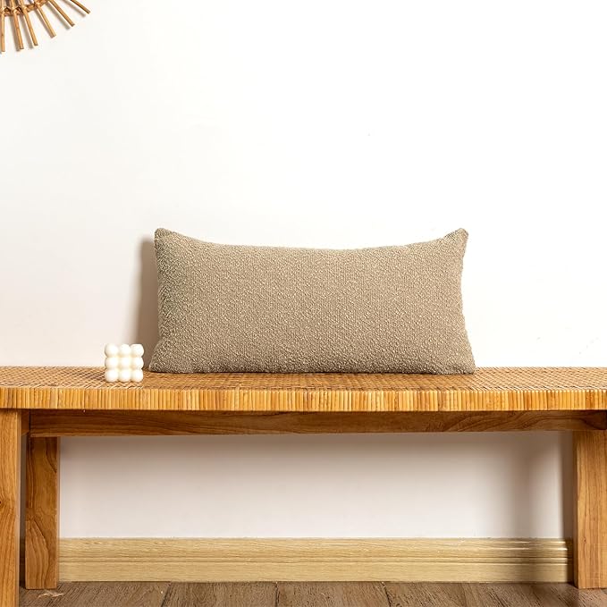 14x26 inch Boucle Lumbar Pillow Cover, Camel Woven Texture Neutral Long Pillow by JoraLion