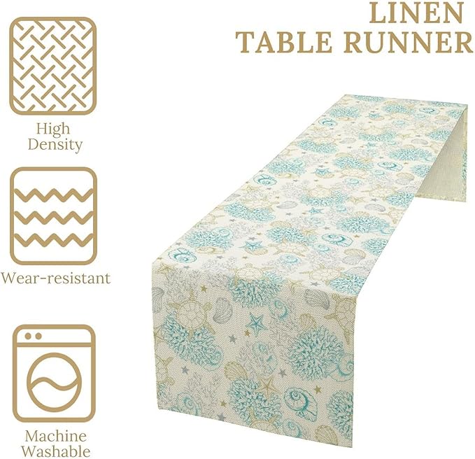 Ocean Coastal Table Runner, Nautical Summer Beach Coral Sea Turtle Table Runner - Image 6